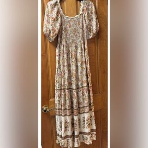 Anthropologie Kindred Smocked Floral Boho Maxi Dress Tiered Ruffle Sz M New